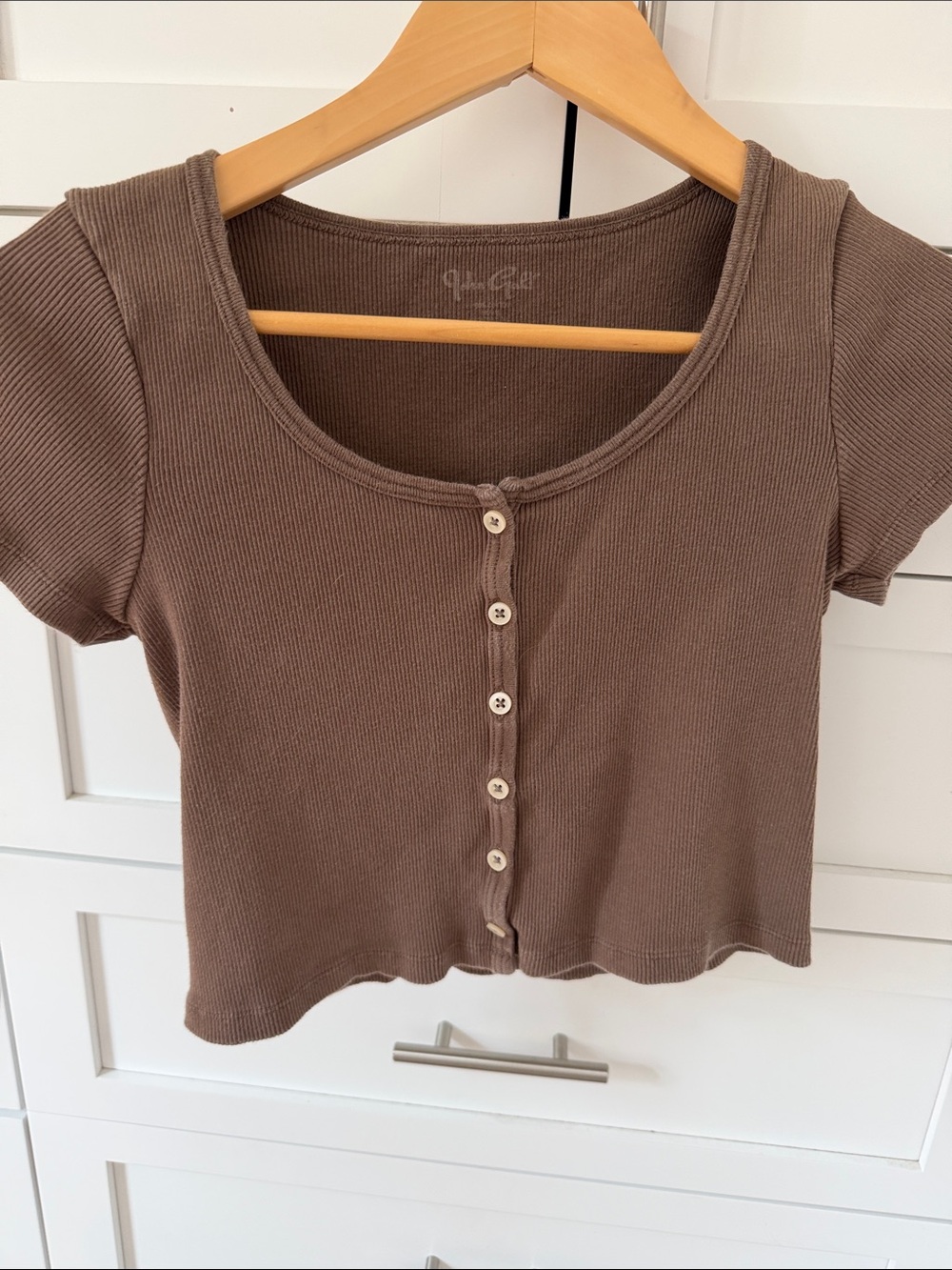 John Galt Ribbed Button-Front Crop Top - Brown